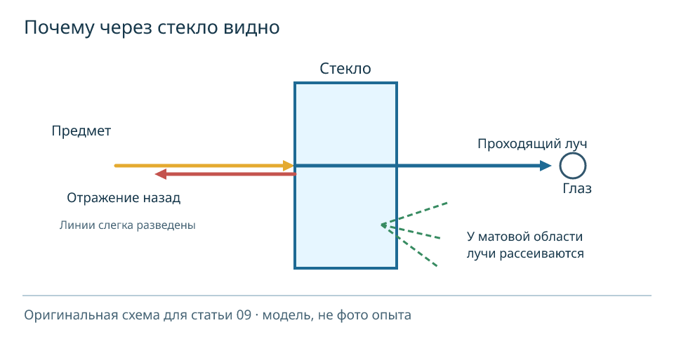 При падении прямо на стекло часть света отражается назад по линии падения (линии разведены для видимости); основная часть проходит к глазу, матовая область рассеивает лучи. Модель, не фото опыта.